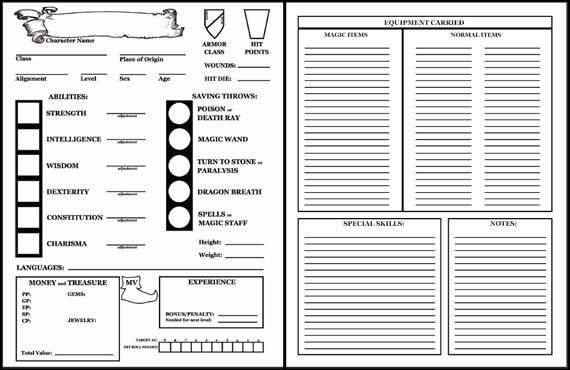 Dungeons And Dragons 2Nd Edition Character Sheets